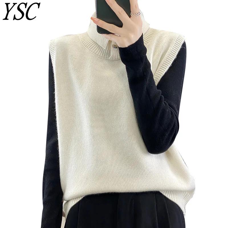 Classic Button decoration Lapel Vest Women\'s knitting Cashmere wool pullover sweater Sleeveless High quality soft loose Tops