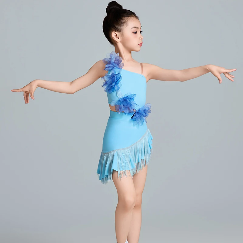 New Blue Latin Dance Dress Girls Cha Cha Rumba Samba Dance Costume Summer Kids Latin Fringe Dress Performance Clothing DNV23551