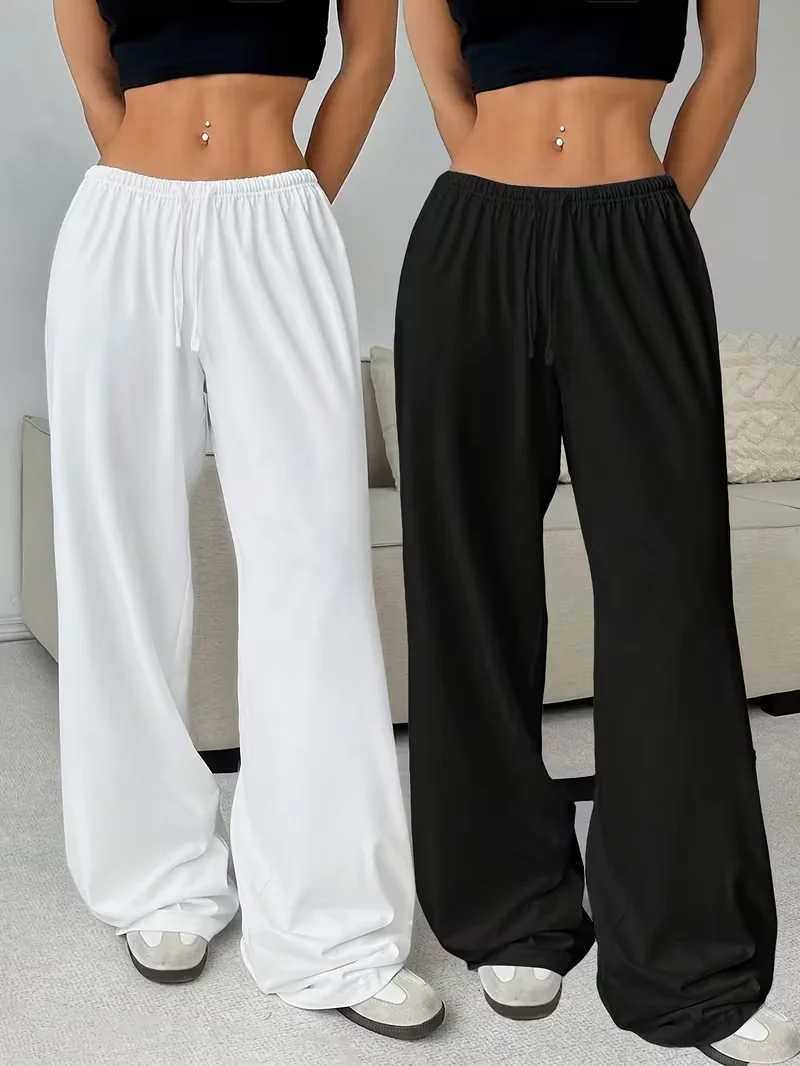 مستقيم الساق السراويل عارضة مرونة الخصر فضفاضة المرأة واسعة الساق السراويل الرباط Sweatpants الركض استرخاء الصوف الخريف الشتاء #2