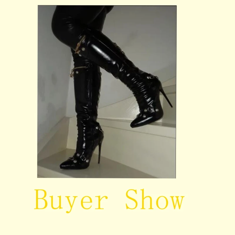 REAVE CAT Sexy Women Long Boots Pointed Toe Stiletto 12cm Decoration 46 47 48 Female Knee High Booties