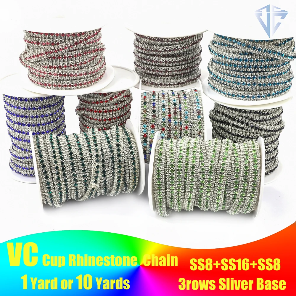 1yard 3rows Sliver Base Colorful Rhinestone Chain Sew On Rhinestone Cup Chain Glass Strass Ribbon Chain For Clothing Decoration