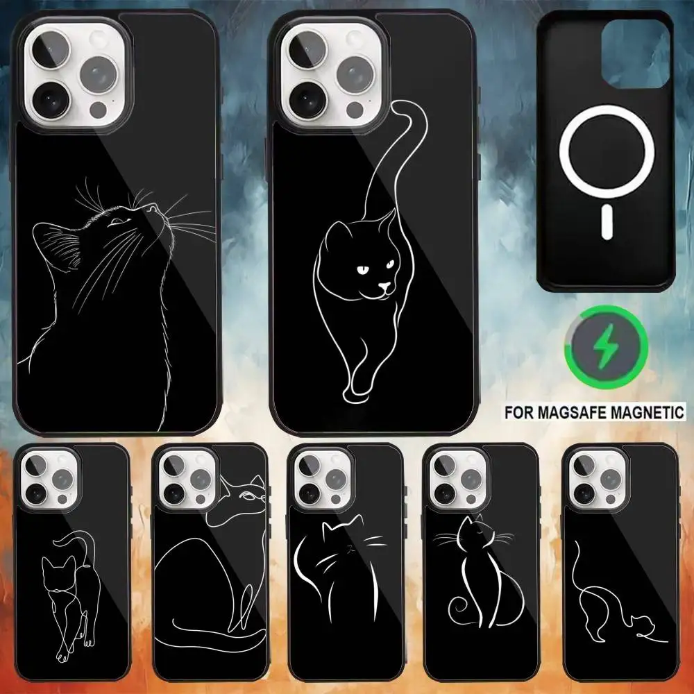 

Cute Cat Line Black Phone Case For iPhone 17,16,15,14,13,12,Plus,Pro,Max for Magsafe Magnetic Wireless Charging