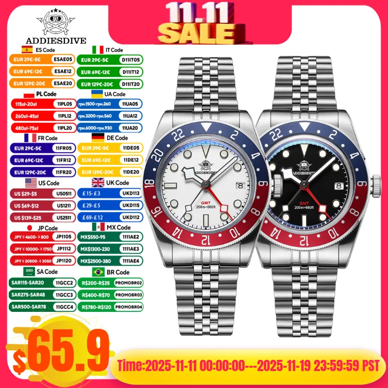 

ADDIESDIVE NEW Quartz Luxury Watches 20Bar Waterproof BGW9 Super Luminous 316L Stainless Steel GMT Watch Men's Watch