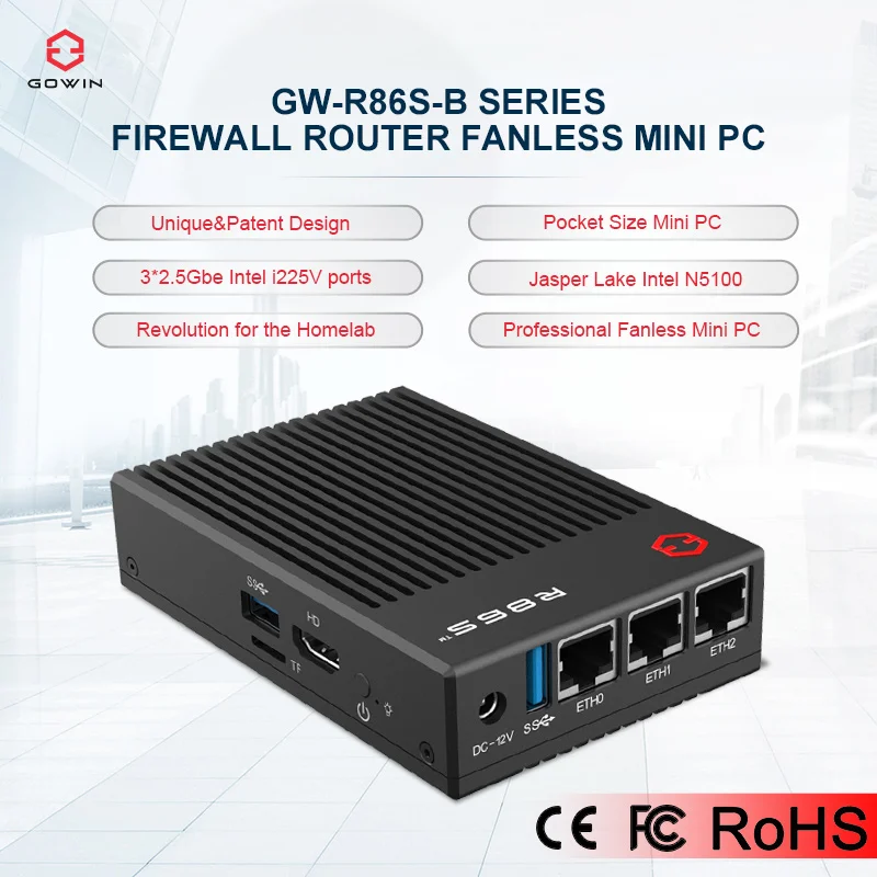 كمبيوتر صغير Gowin R86S-B3 بدون مروحة مع N5100 16GB RAM 3 * 2.5Gbe I225V منفذ النموذج الأساسي يدعم نافذة Pfsense OPNsense Ubantu