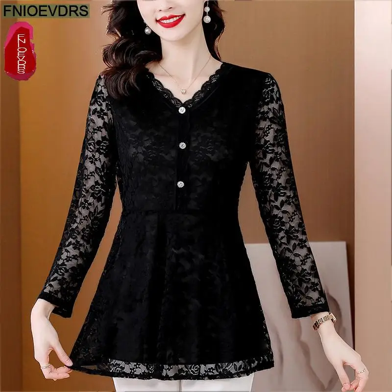 M-5XL 2023 Women Winter Spring Basic Black Lace Shirts Elegant Office Lady Loose Casual Ruffles Tunic Peplum Tops And Blouses