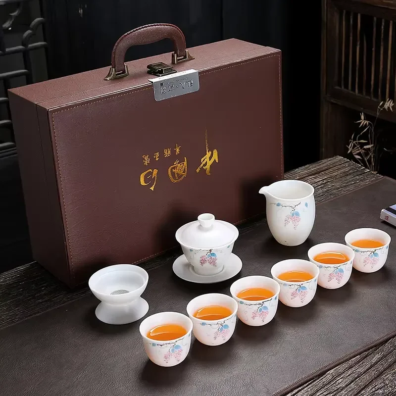 Dehua White Porcelain Tea Set Hand Painted Mutton Fat Jade Cover Bowl Cup Complete Set High Grade Home Office Work Clothes