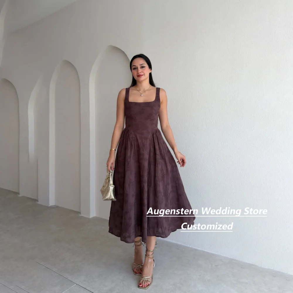 Customized Coffee Embroidery A Line Mother Of The Bride Gown Square Neck Sleeveless Back Bow  Midi Wedding Guest Dress