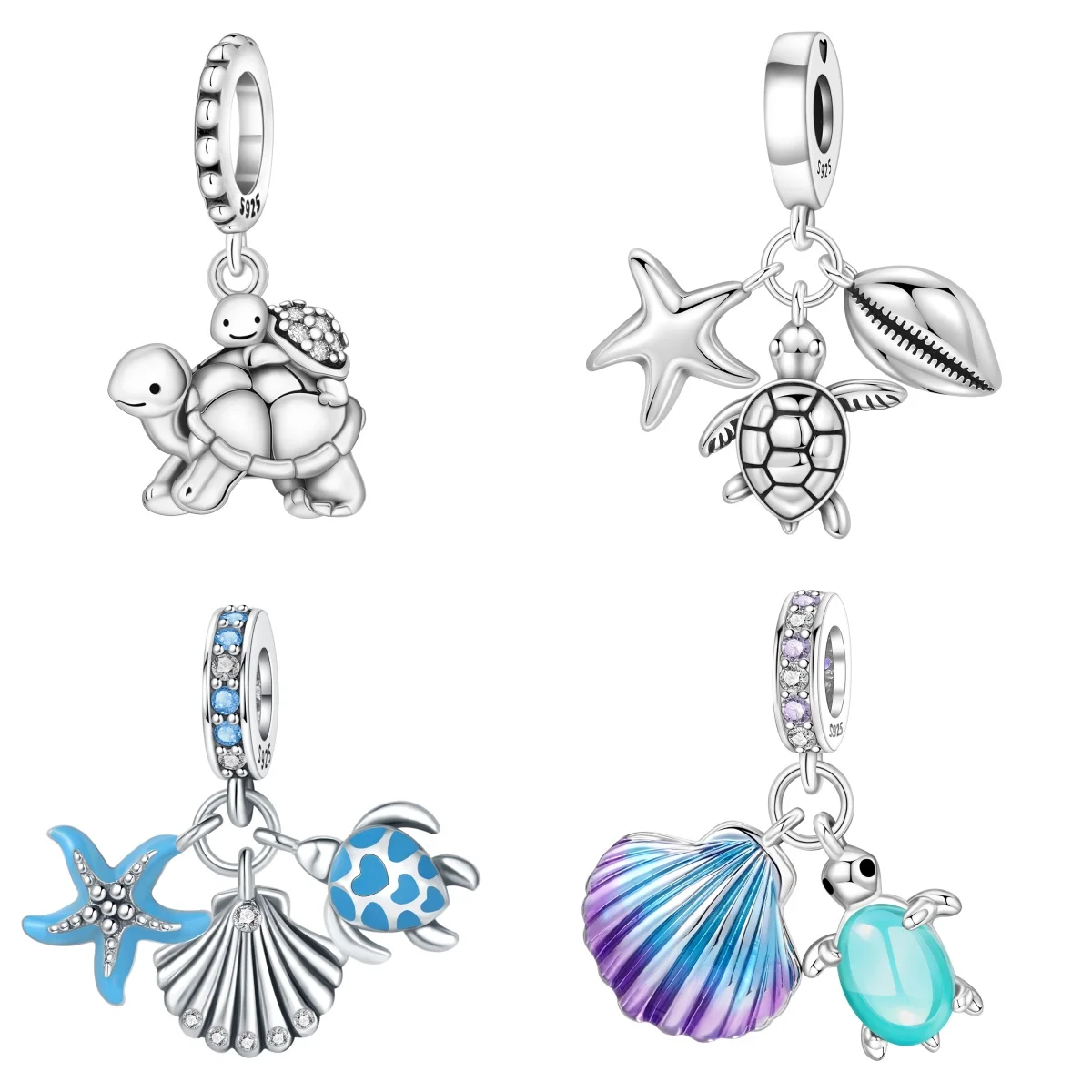 MISEFF S925 Sterling Silver Ocean Creatures Charm Bead Turtle Conch Koi Fish Bead Pendant Marine Charm for Bracelet Jewelry Gift