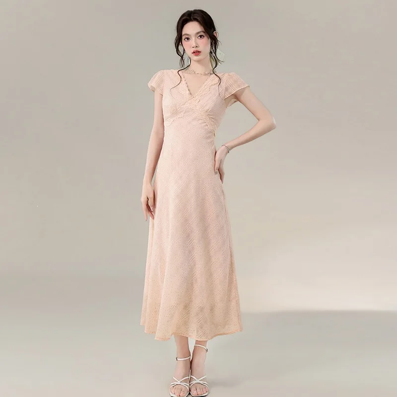 French Minimalist Cream Beige V-neck Lace Trim Maxi Dress Women Ruffled Short Sleeve Textured Fabric Flowy Casual Summer Dress