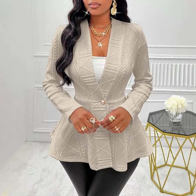 V-neck Ruffled Long-sleeved Coat Women Suit Elegant Office Lady Cardigan Light Khaki Slim Fit Jacks Tops Spring Autumn 2024 New