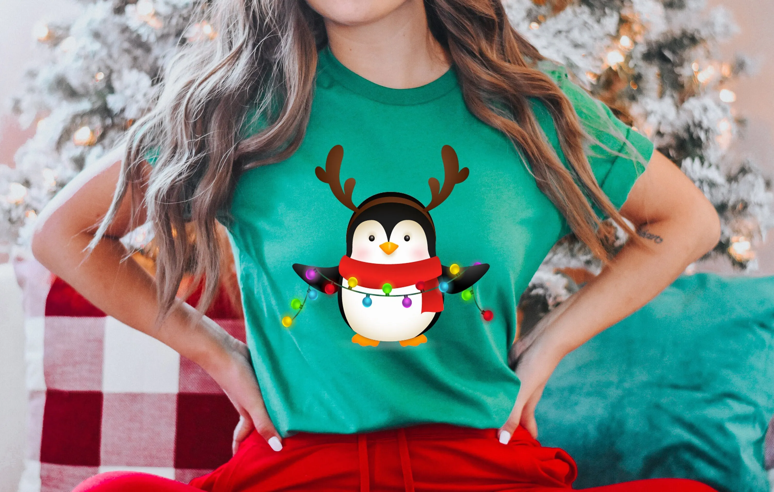 Kerstpinguïn T-shirt Kerstman Lichten Dansen Minnaar Cadeau Vrolijk