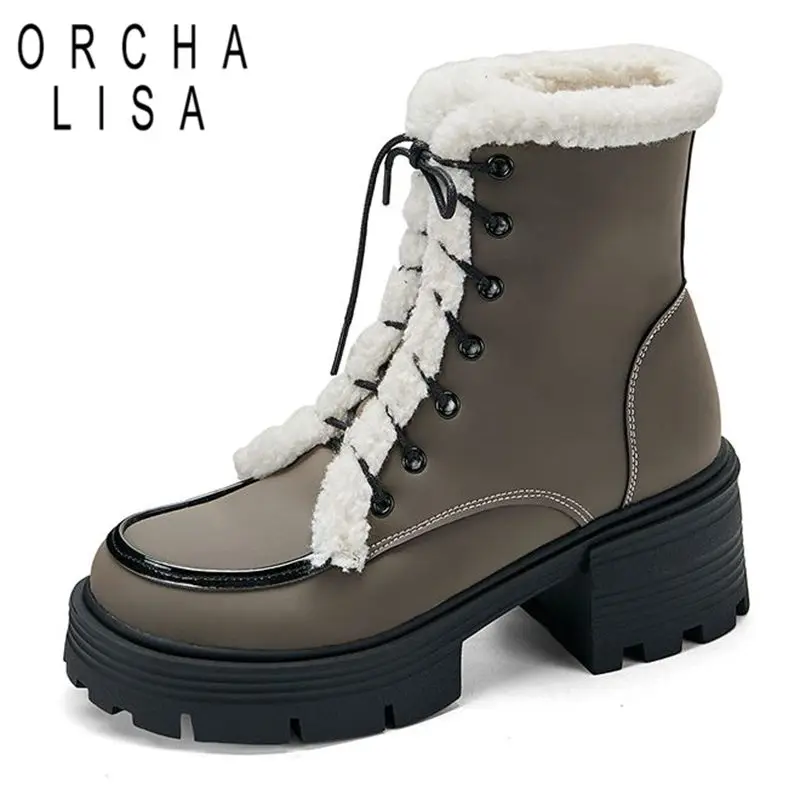 

ORCHALISA Winter Warm Ankle Boots Round Toe Thick Heels 6.5cm Platform Lace Up Plush Big Size 41 42 43 Leisure Daily Short Bota