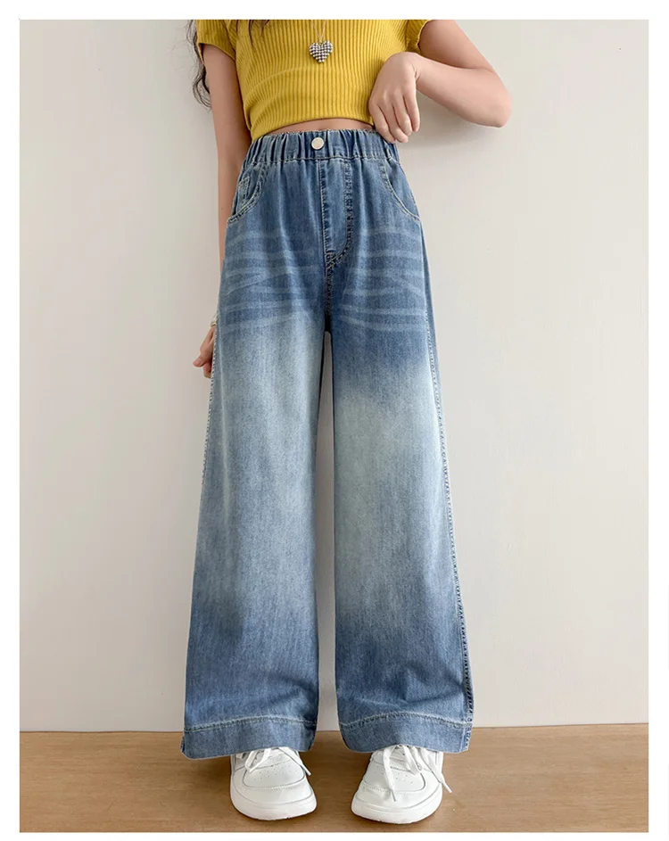 Mädchen Sommer Einfache Jeans 2026 Neue Dünne Weite Hosen Mittlere und Große Kinder Lose Gerade Freizeithosen für Kinder 5-14 Jahre – Detail 7