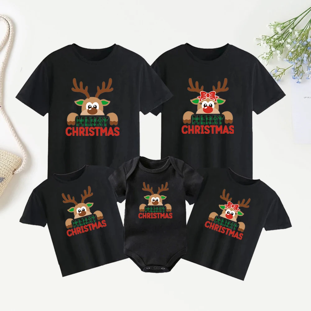 New Year Family T-shirt Father Mother Son Daughter Clothes Reindeer Merry Christmas Family Matching T-shirt Adult Kids T-shirt