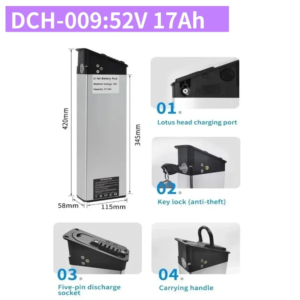 48V 17Ah 15Ah 12.8Ah 10.4Ah 36V 10Ah 12Ah 15Ah 52V 12.5Ah 15Ah 17Ah DCH-003 DCH-006 DCH-009 350W~1000W Motorbatterij