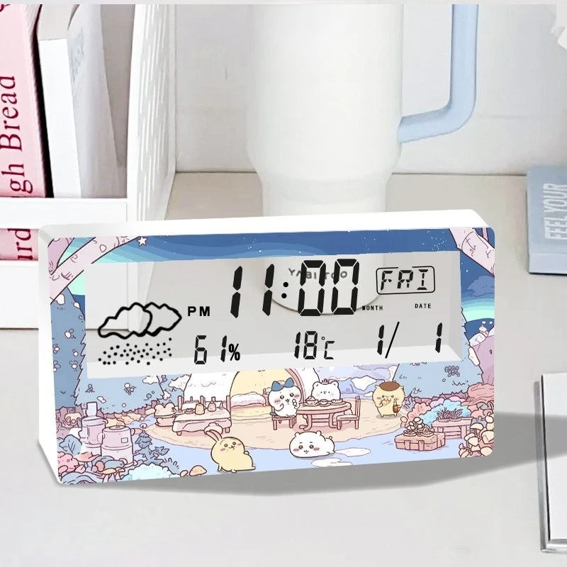 Anime Cartoon Kawaii Chiikawa Alarm Clock Originality Head of A Bed Decorate Mute Accurate Travel Time Temperature Date Display