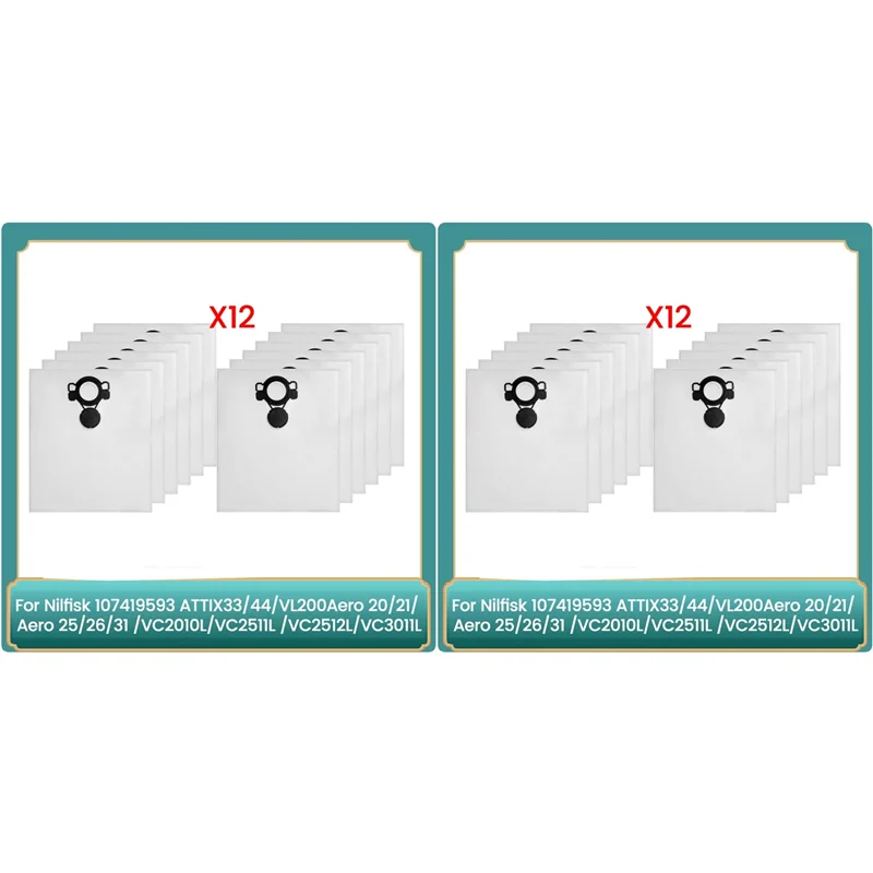 

LITE-24Pcs Dust Bags For Nilfisk 107419593 ATTIX33/44,Vl200aero 20/21,Aero 25/26/31,VC2010L/VC2511 Vacuum Cleaner Parts