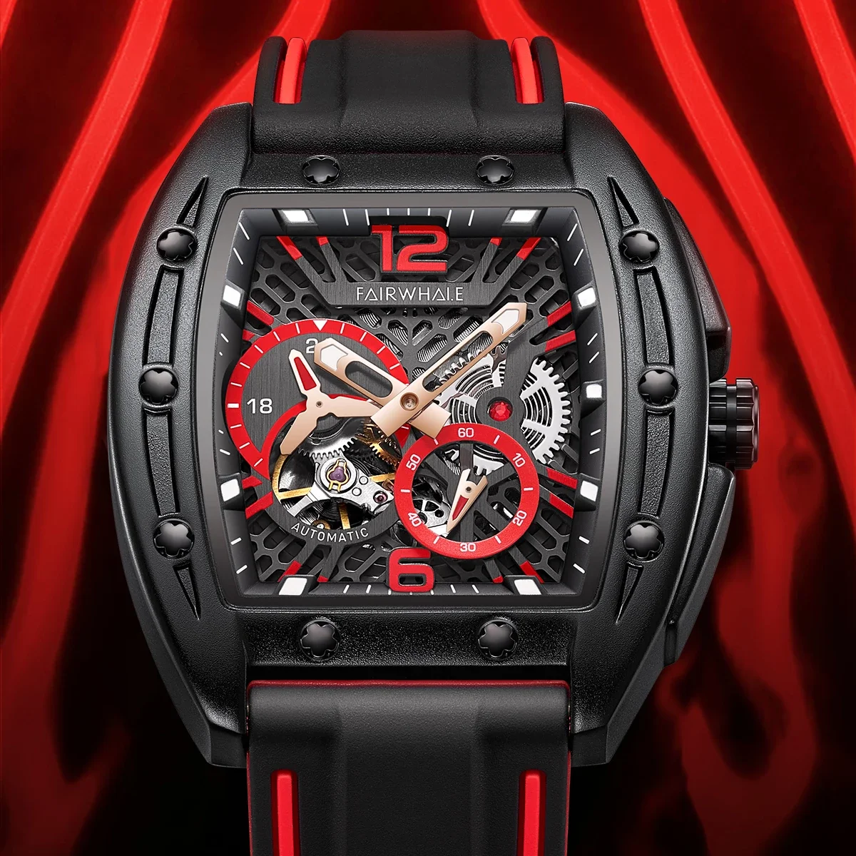 MARK FAIRWHALE Cool Mechancial Skeleton Men Watch Sport 24 Hours Seconds Sub-Dials Luminous Male Watches Fashion Rubber Strap