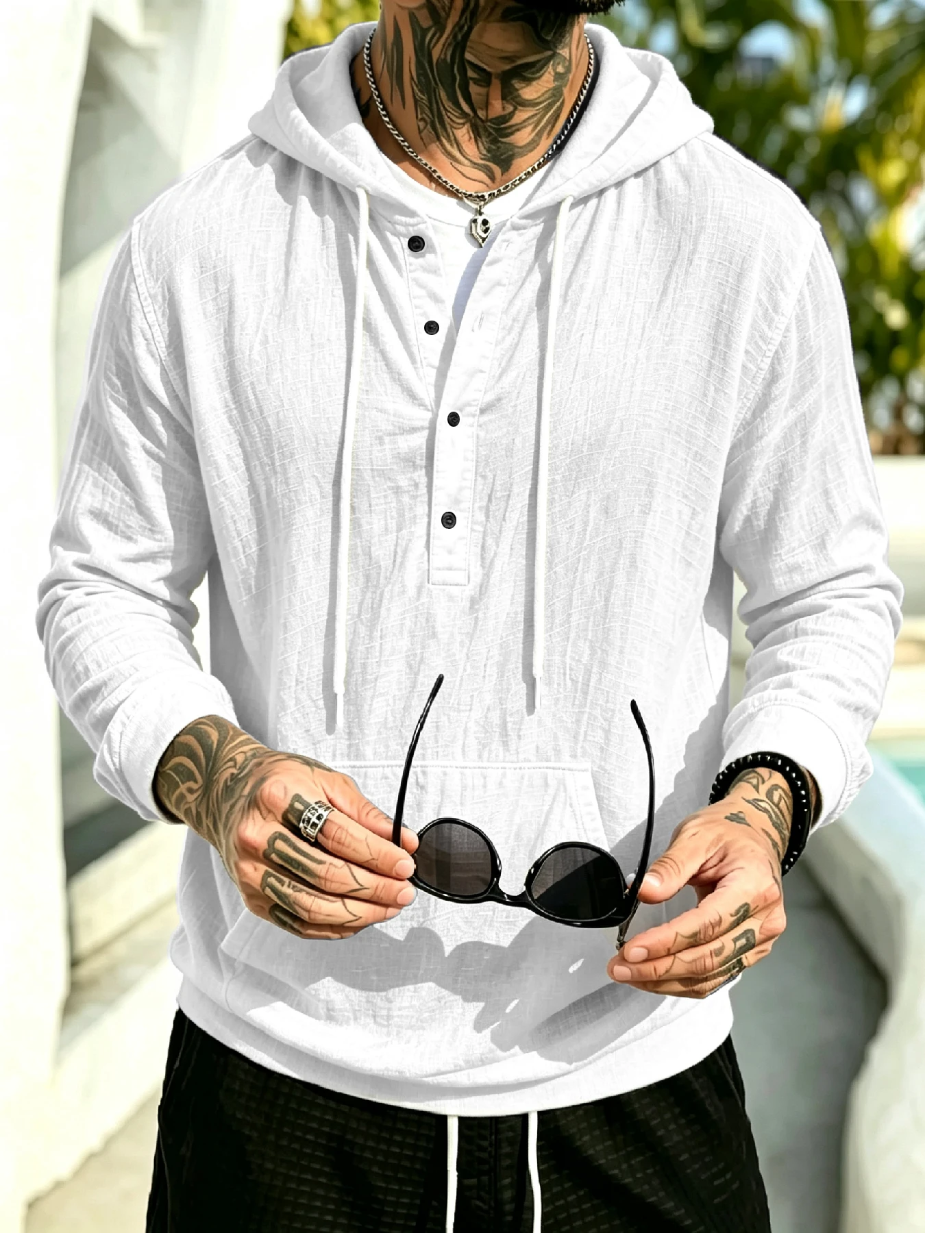 Men's Hooded Pullover Sweatshirt & Pants Casual Set, Sport Casual Breathable Textured Loose 2 Piece Outfit with Henley Placket,
