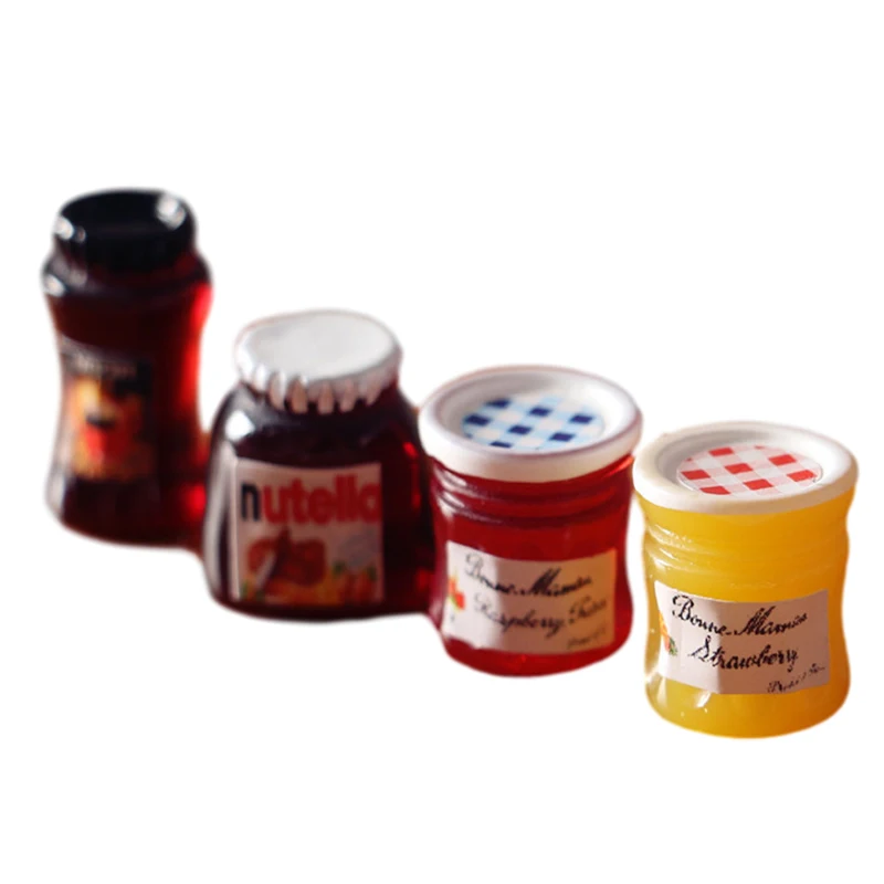 B*4Pcs 1:12 Dollhouse Miniature Coffee Can Bread Spread Fruit Sauce Jam Food Model Kitchen Accessories For Doll House Decor Toys