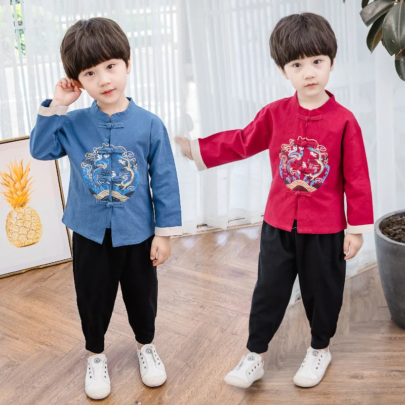 

Autumn New Boys Chinese Style Vintage Button Embroidery Tang Suit Traditional Ancient Hanfu Two Piece Set Role Play Kid Costume