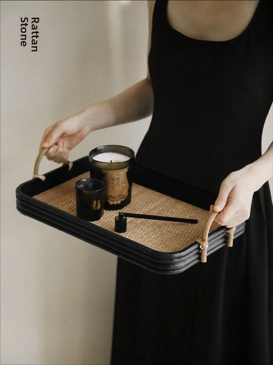 Retro Chinese Style Wooden Wicker Rectangular Tea Tray Dining Plate B&B Tea Room Long Rectangle Tea Board Decorative Ornaments