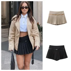 PB & ZA-Women's Wide Pleated Short Mini Pant Skirt, Versatile Belt Decoration, Fashion And Elegance, Spring, New, 2024