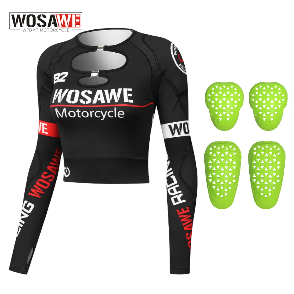 

WOSAWE Women Motorcycle Style Jacket Shoulder Elbow Pads Summer Motocross T-shirts Skinny Breathable Long Sleeve Crop Tops