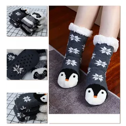 Calzini soffici da donna Pinguino Bambini Morbidi femminili invernali Caldi peluche antiscivolo Calzini termici sfocati Pantofola Coccodrillo Unicorno