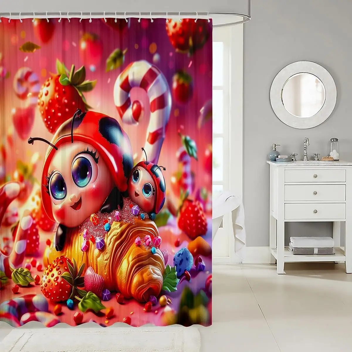 Whimsical Ladybug Strawberry Candy Theme Shower Curtain Waterproof Bathroom Decor Polyester Liner for Nursery Kids Girls