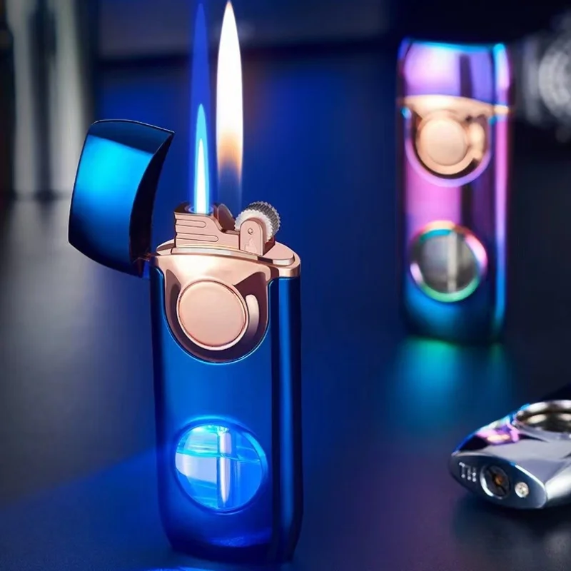 

Metal Fashion Dual Flame Butane Gas Lighter Creative Blue Light Transparent Gas Window Grinding Wheel Ignition Cigarette Lighter