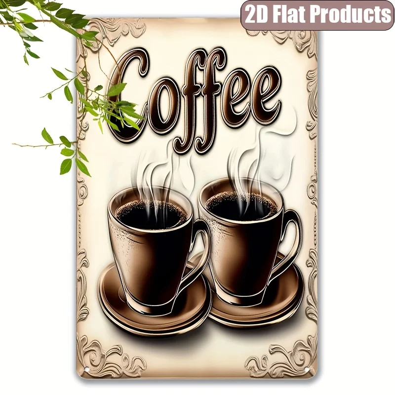 Vintage Coffee Metal Sign - Rustic Wall Art with Steaming Mugs & Ornate Border,  Home Cafe Porch Decor, No Electricity Needed, P