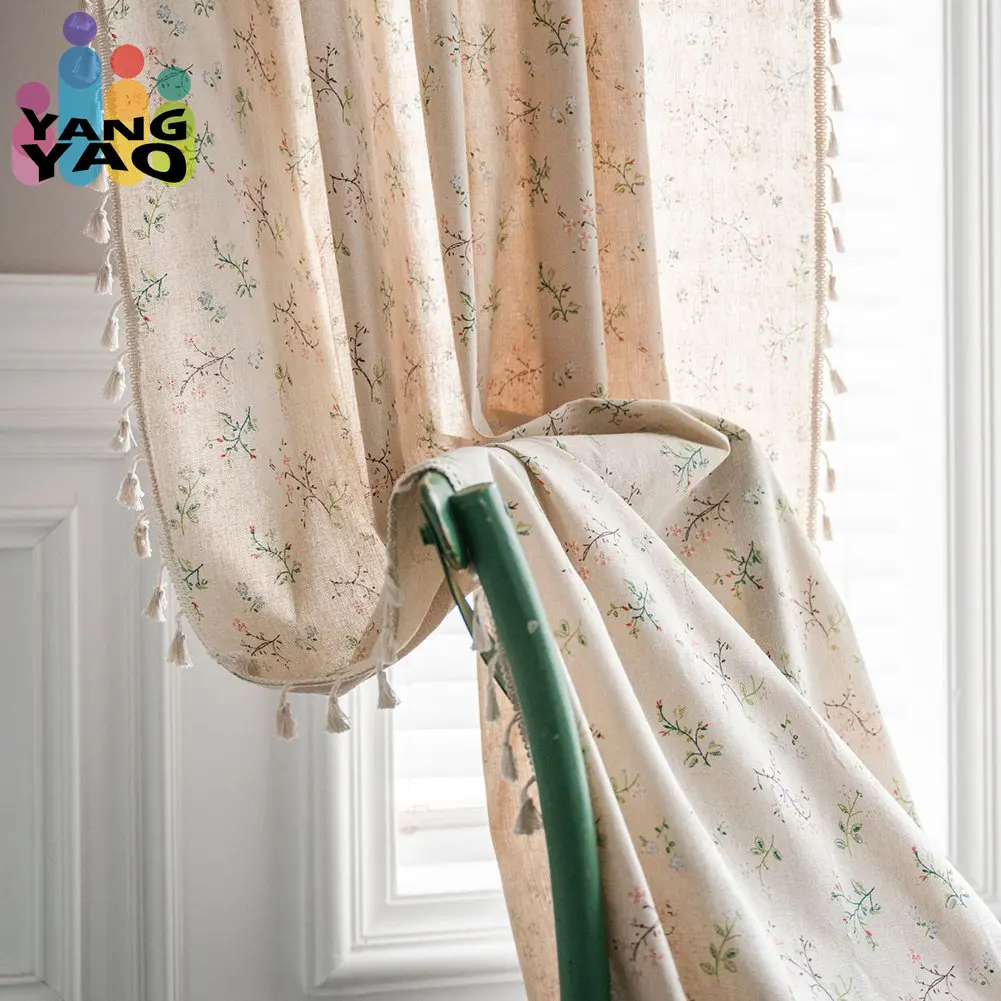 Yaapeet Cotton Linen Curtain for Living Room Tassel Floral Printed Blackout Window Drapes Balcony Bedroom Kitchen Short Curtains