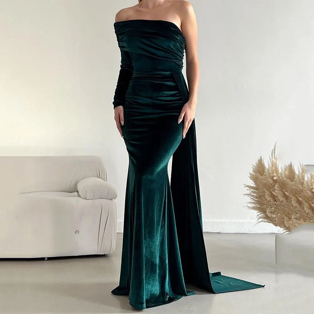 

Trumpet Dress One Shoulder Long Sleeve Sexy Elegant Prom Gown Solid Color Velour Evening Party Dresses فساتين سهرة فخمه