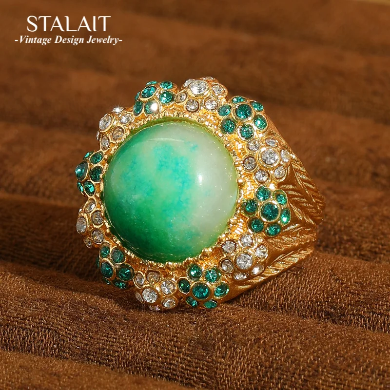 

Vintage Round Green Ring Stone Jade Rhinestone Flower Mothers Day Gift Christmas Holiday Party Accessories For Women 2025 Trends
