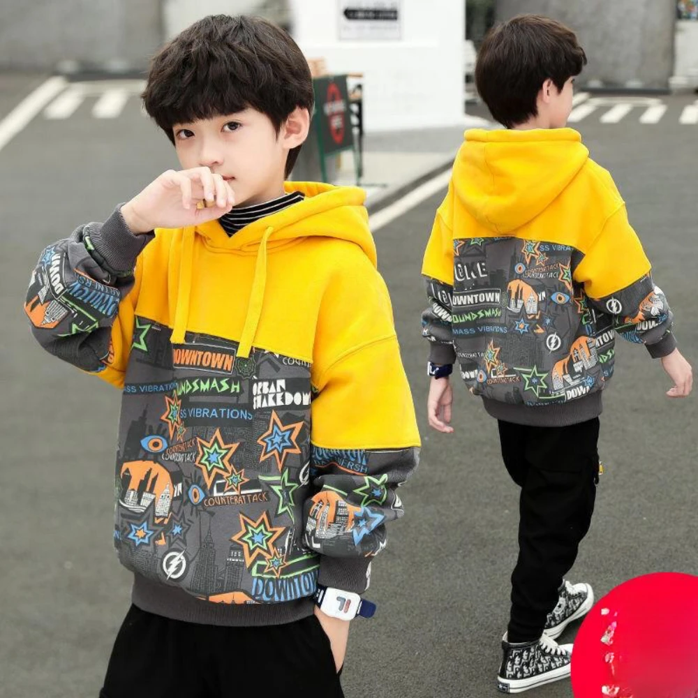 

Sporty Casual Autumn Winter Outerwear Children Boys Fashion 2023 New Plus Velvet Warm Korean Patchwork Printed Thicken Hoodies