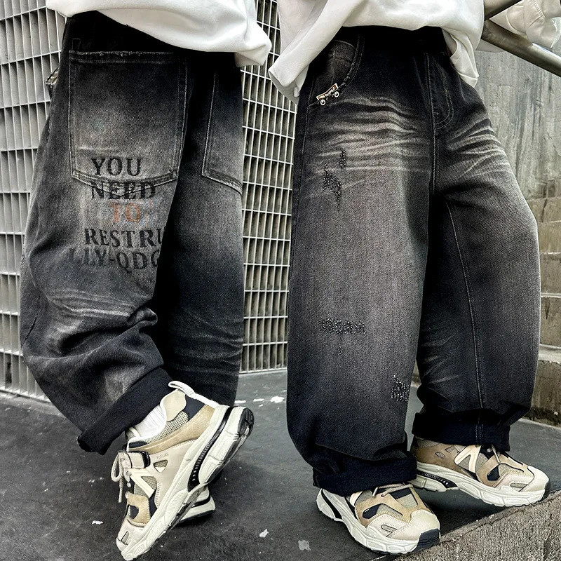 2025 Spring Big Boy Retro Blue Jeans For School Kids Casual Loose Straight Denim Pants Child Fashion Street Jeans Trousers 5-14T