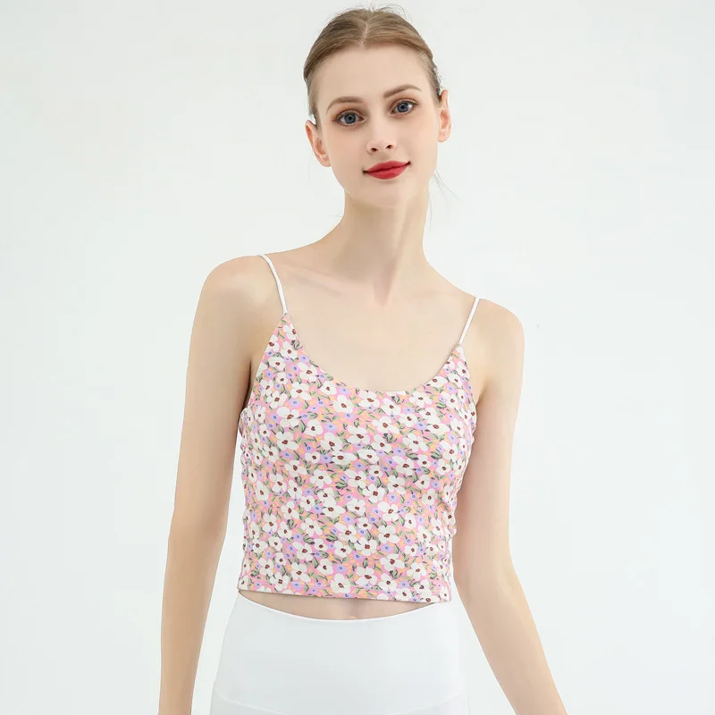 

Women's Sports Bra European American Style Thin Strap Yoga Training Running Underwear Fresh Print Beautiful Back Design