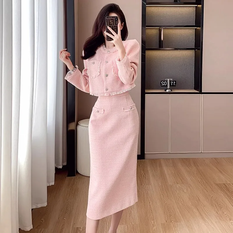 

High Quality Small Fragrance Tweed Two Piece Set Women Short Jacket Coat+Long Skirt Suits Korean Elegant Fashion OL 2 Piece Sets