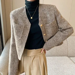 Lucyever Khaki Short Women Jacket Autumn 2023 England Style Simple Tweed Coat Woman Korean Chic Single-Breasted O-Neck Outerwear