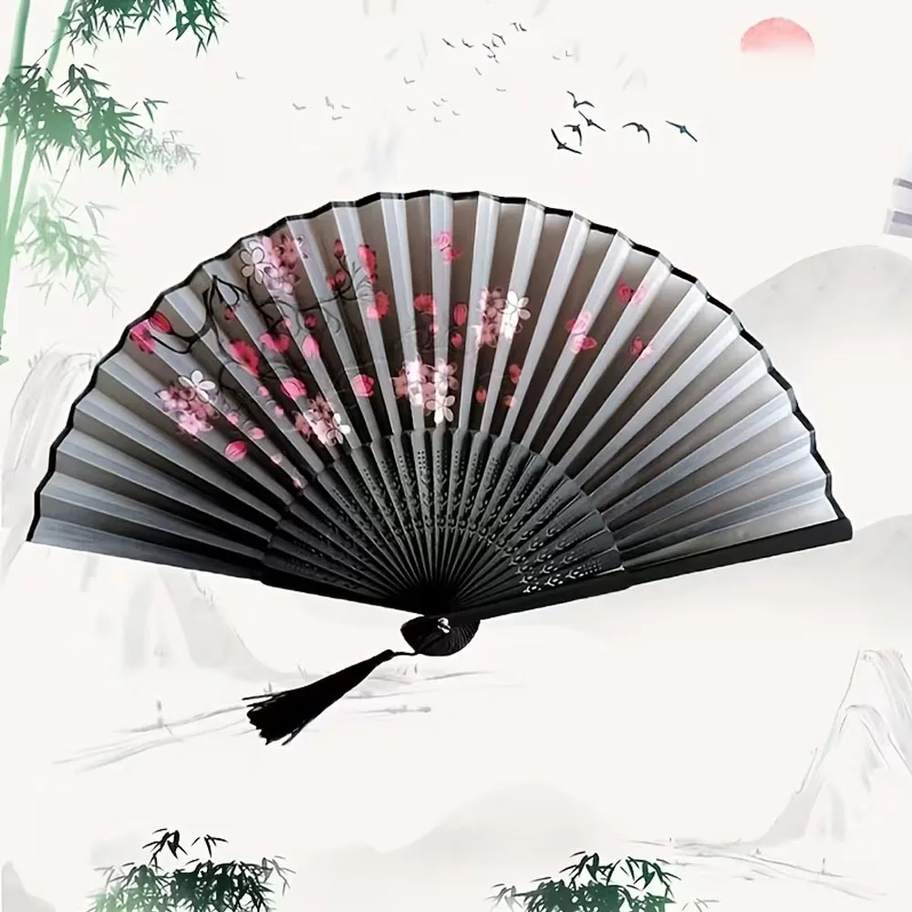 Chinese Japanese Style Bamboo Folding Fan, Cherry Blossom Design, Traditional Hanfu Dance Accessories, Women's Portable Fan