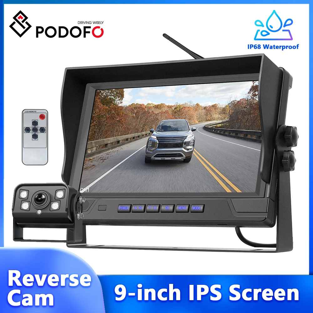 Podofo 9-inch IPS Screen Wireless Reverse Camera Car Monitor With BSD IP68 Waterproof Infrared Night Vision Car DVR Backup Cam