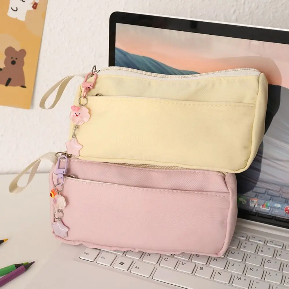 Simple Solid Color Pen Bag Double Layers Handheld Design Pencil Case Large Capacity Stationery Bag Back to School