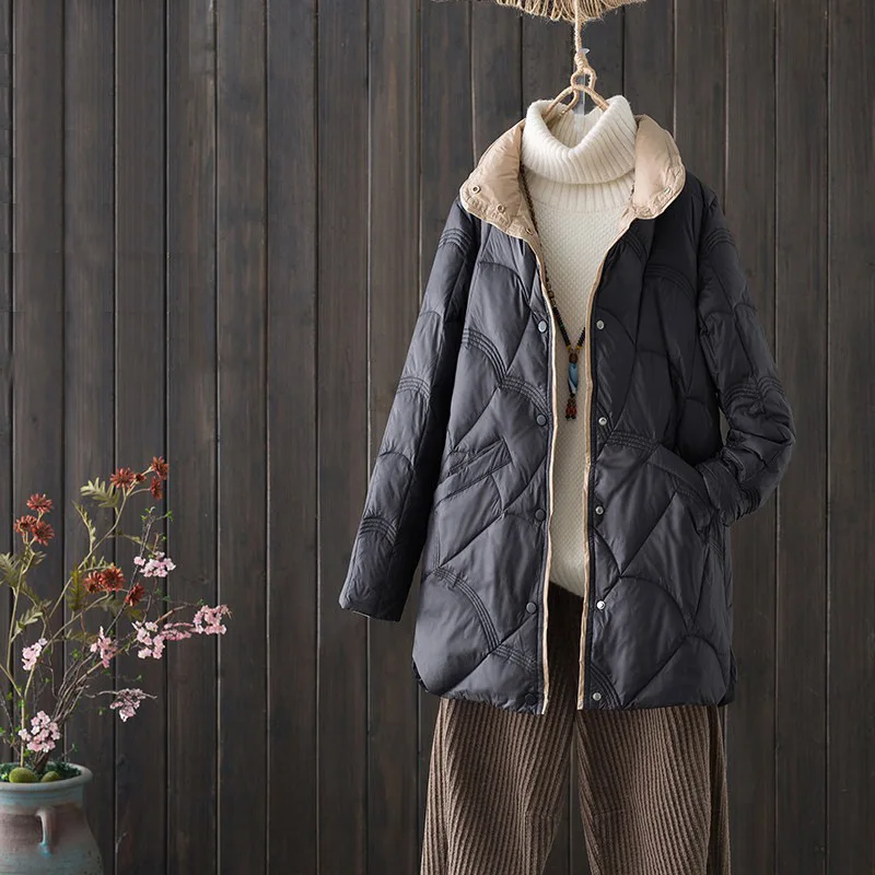 Grande taille hiver nouveau rétro col montant longue doudoune femme décontracté ample Ultra-léger blanc canard vers le bas veste chaude