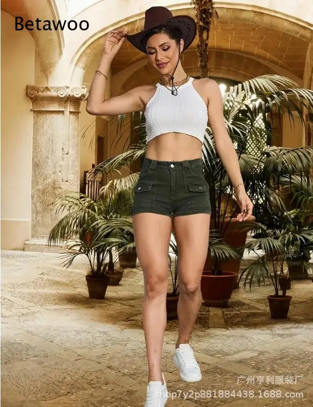Women High Waist Cargo Denim Shorts Multi Button Flap Pockets Slim Fit Short Jeans Street Summer Bottoms