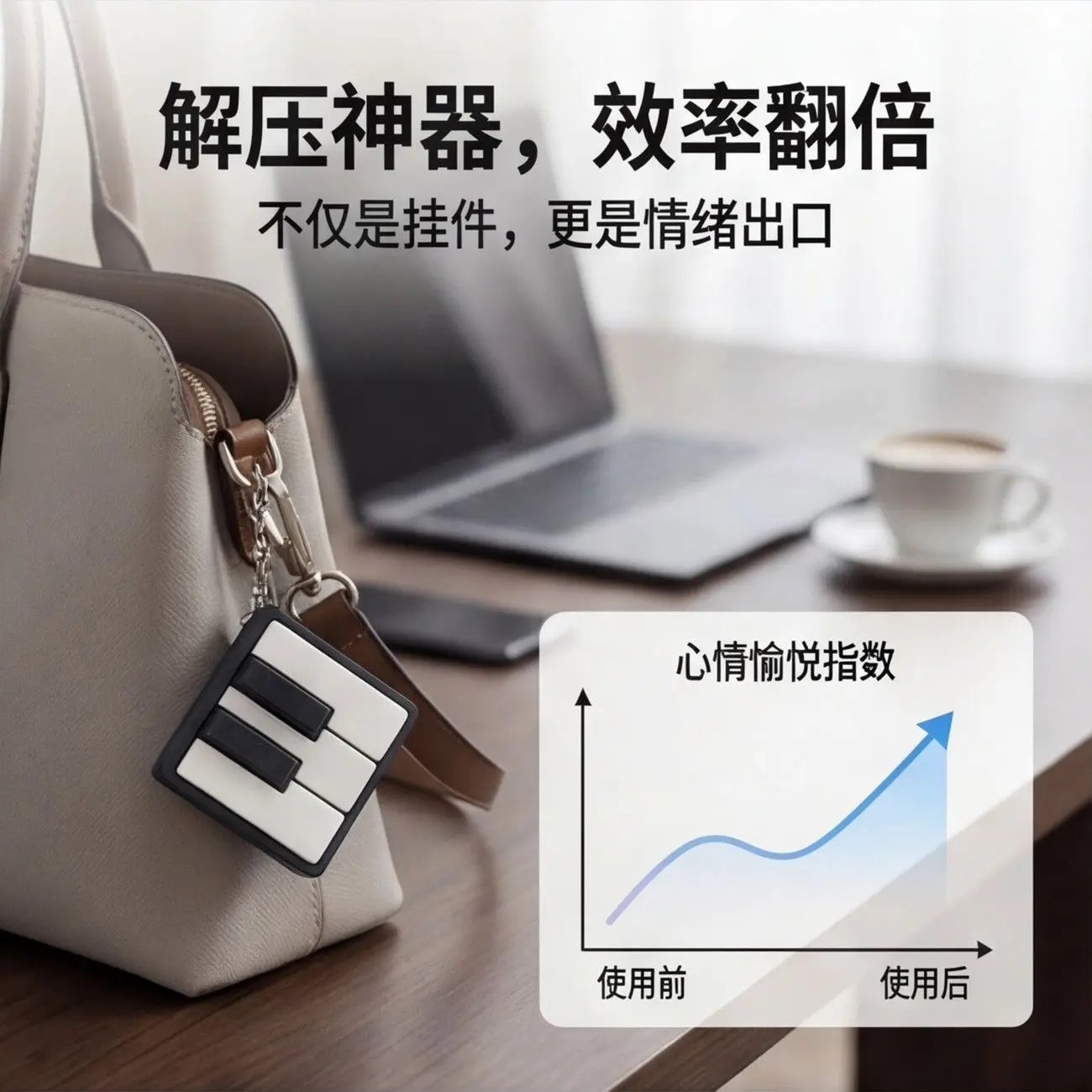 Mini piano stress-relief keychain, with five pressable keys, has the click feeling of a mechanical keyboard, decorative pendant