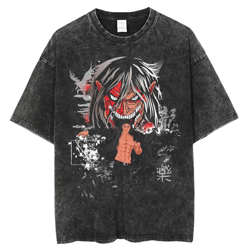 Anime Attack on Titan Eren Jaeger Print T Shirt Men Women T-shirts Washed Cotton Tee Y2k Harajuku Gothic Short Sleeve Tshirt Men
