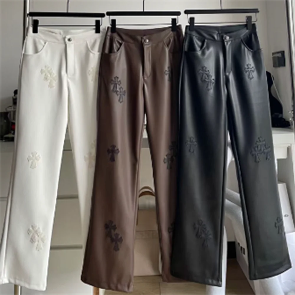 black Embroidery star high waist mop straight leg broad PU leather pants woman