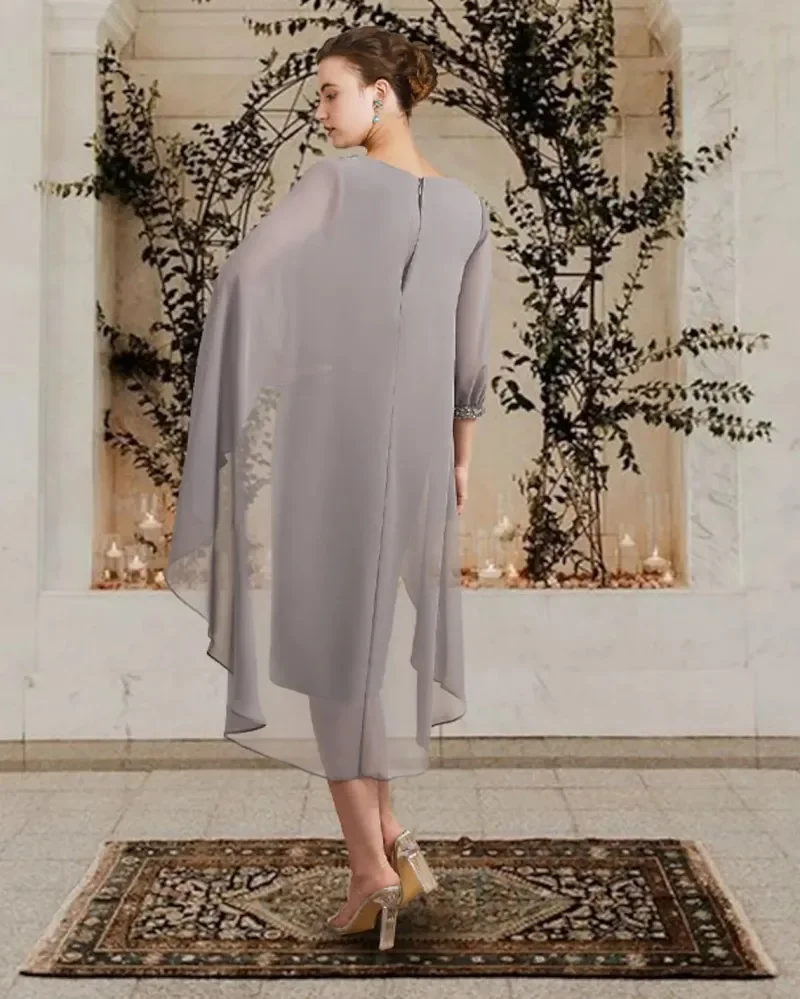 2026 Neues silbernes, mit Perlen verziertes Kleid für die Brautmutter, elegantes Juwel, knielang, 3/4-Ärmel, Chiffon, Bräutigam-Partykleider, Robe De Soiree