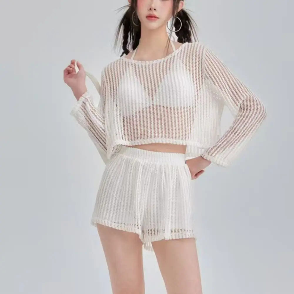 Loose Long Sleeve Swimsuit Hollow Out Pullover Crochet Knit Bathing Suit Sun Protection Beachwear Three Pieces Set Swimwear